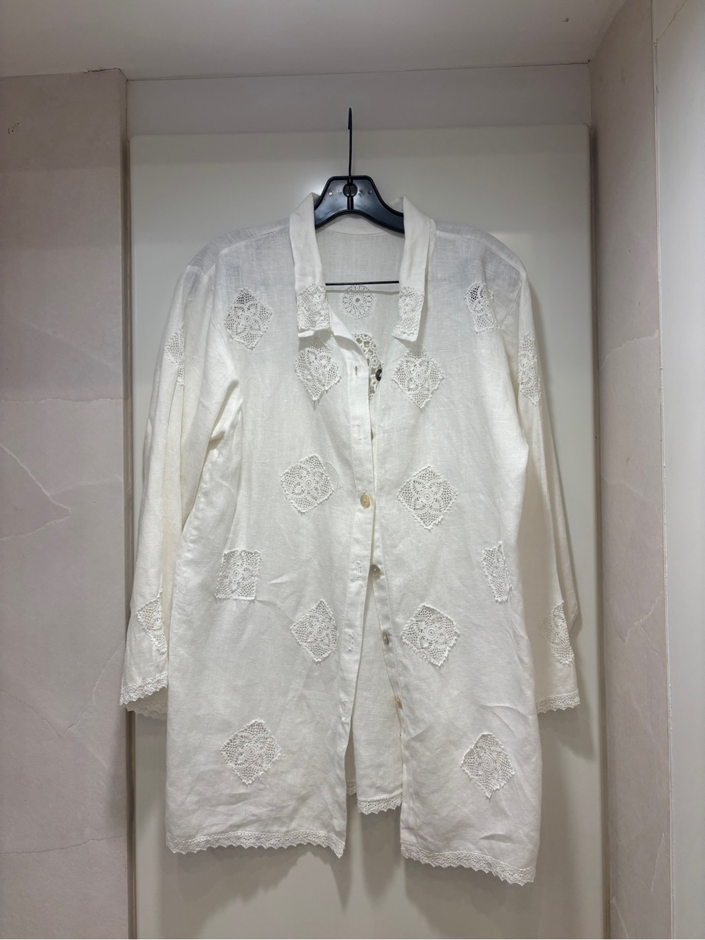 Women's White Embroidered Button-Down Linen Tunic
